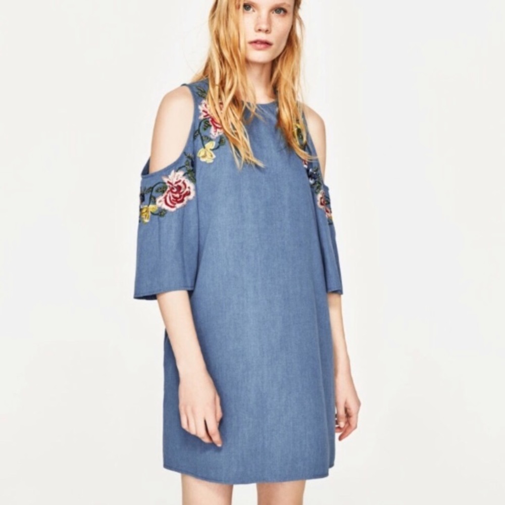 Zara Denim Open Shoulder Flower Embroidered Dress.